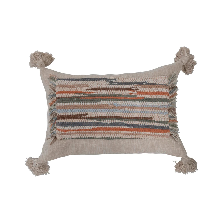 Woven Cotton Slub Lumbar Pillow w/ Applique, Fringe & Tassels