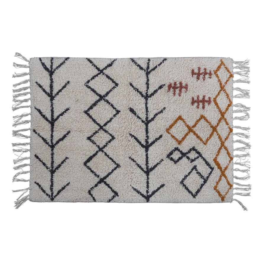 Rug-Cotton Tufted Bath Mat with Abstract Design and Fringe