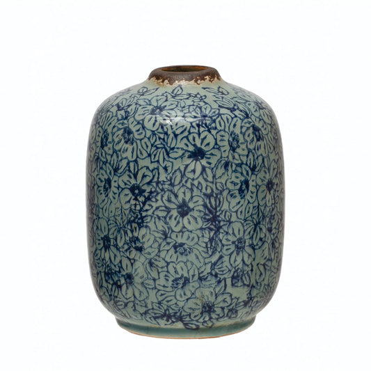 Vase Terra-cotta with Floral Pattern, Distressed Blue