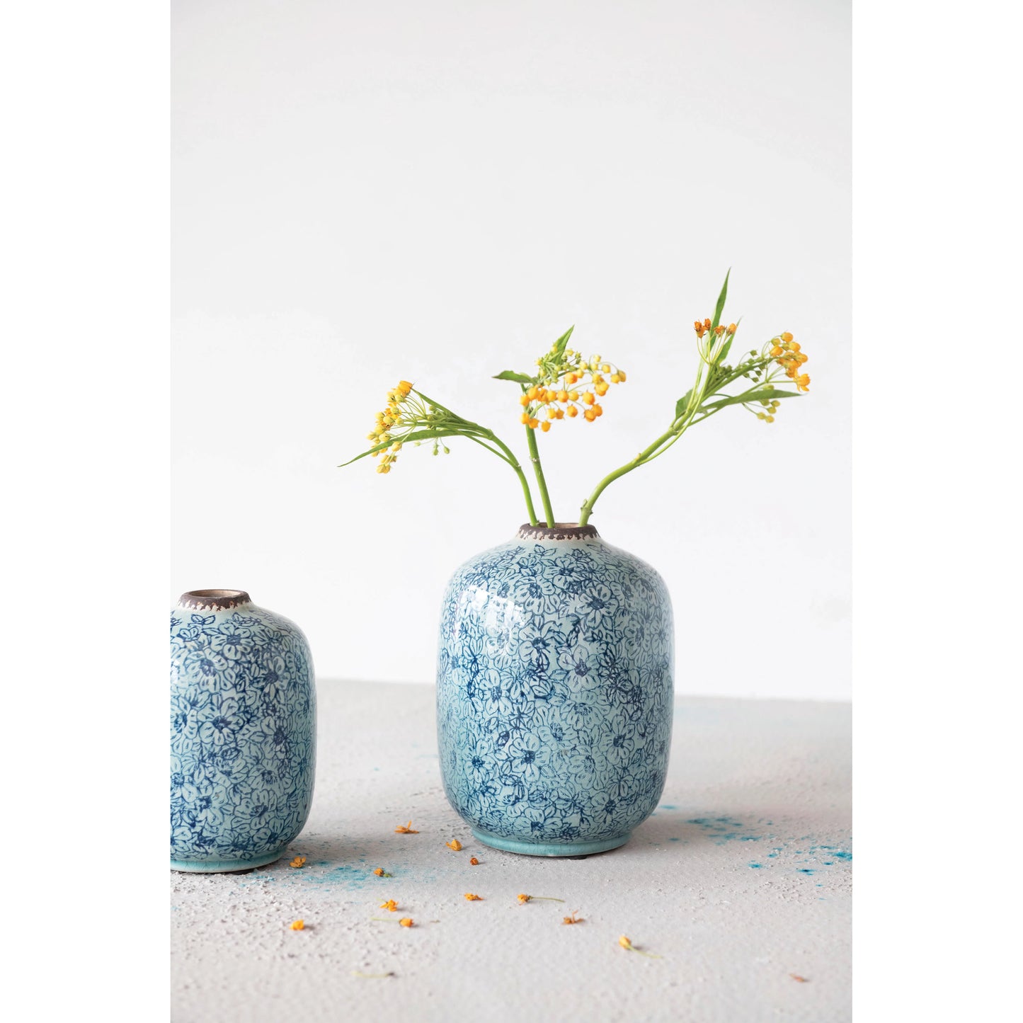 Vase Terra-cotta with Floral Pattern, Distressed Blue