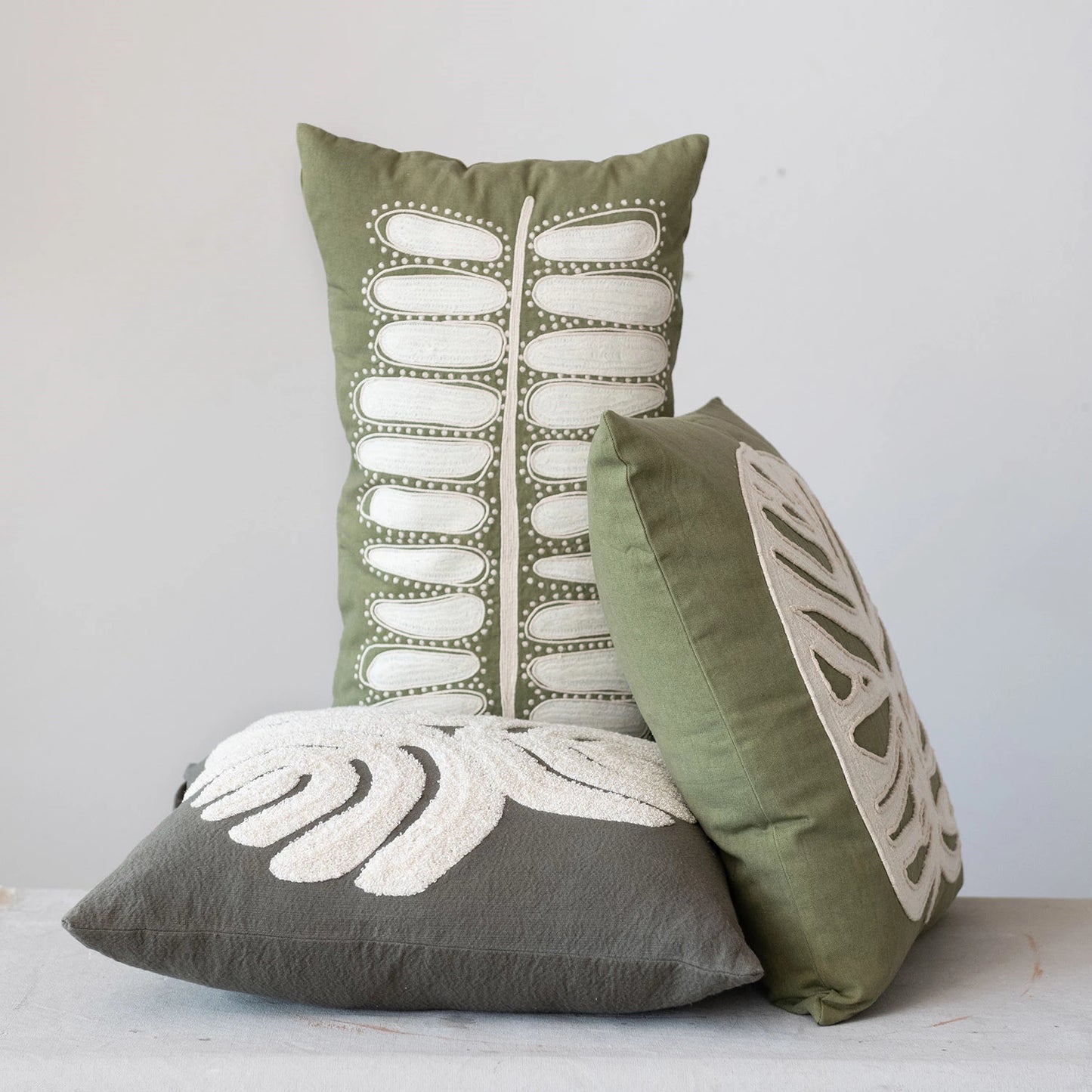 Cotton Lumbar Pillow w/ Leaf Embroidery