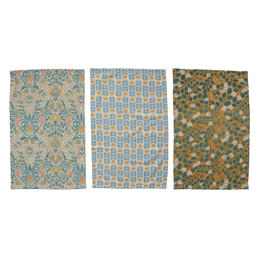 Woven Cotton Printed Tea Towel w/ Botanical Pattern, Multi Color, 3 Styles