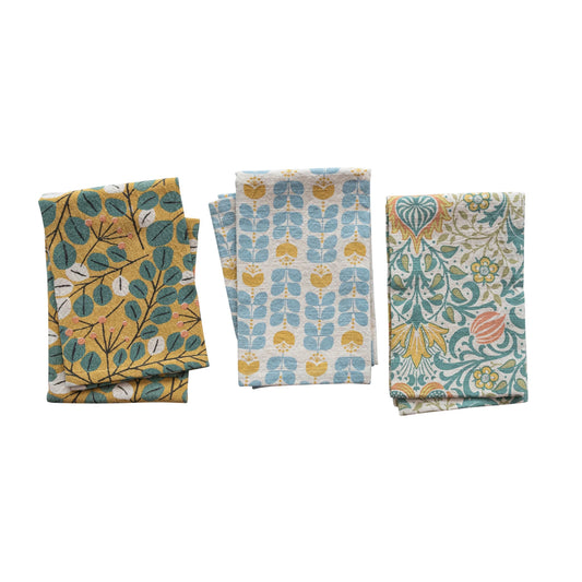 Woven Cotton Printed Tea Towel w/ Botanical Pattern, Multi Color, 3 Styles