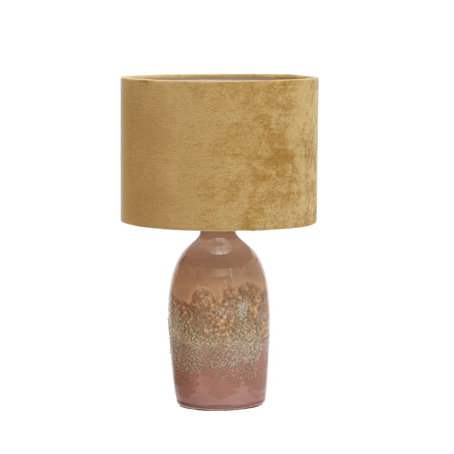 Stoneware Table Lamp w/ Velvet Shade & Inline Switch