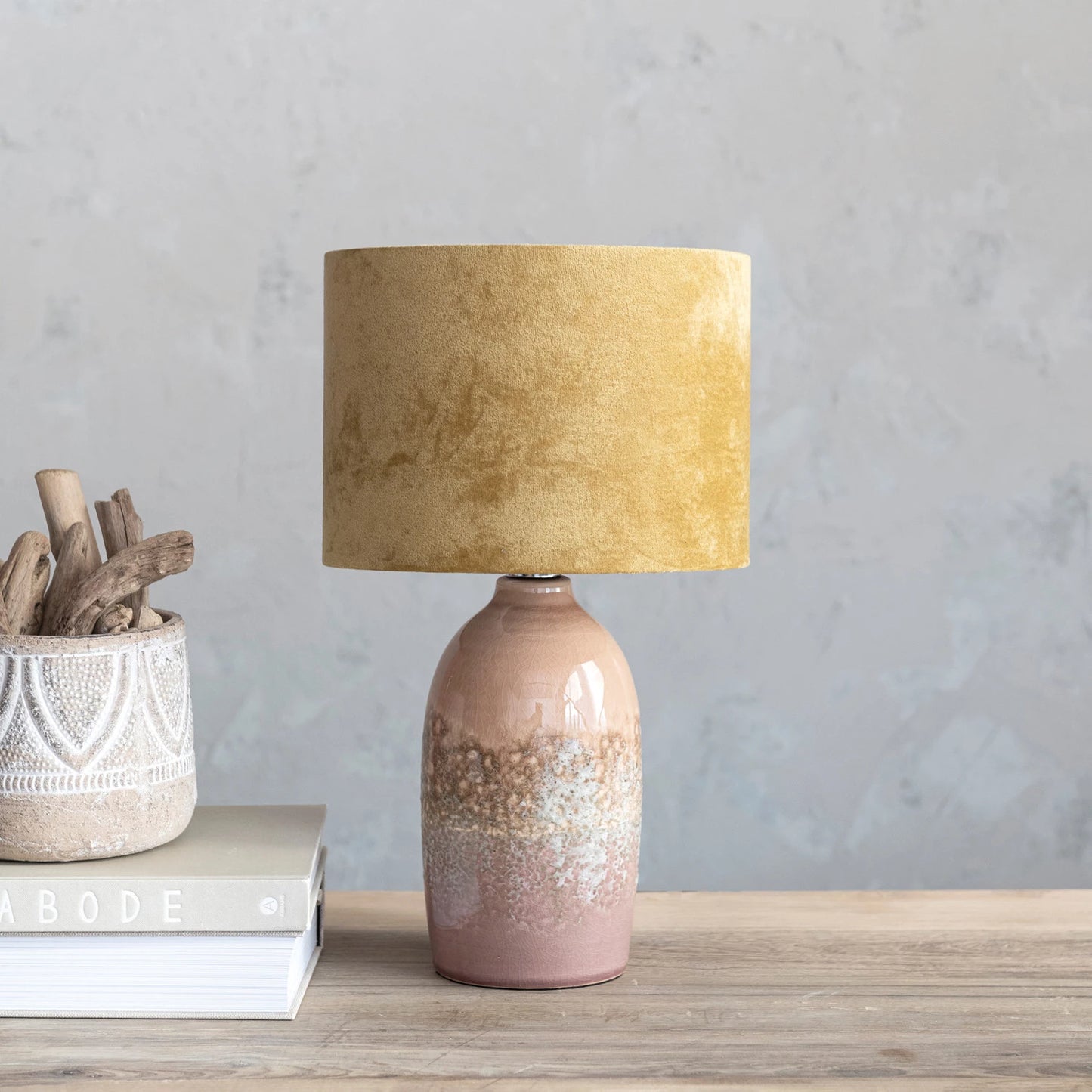 Lamp, Pink Stoneware Velvet Shade, In-line Switch