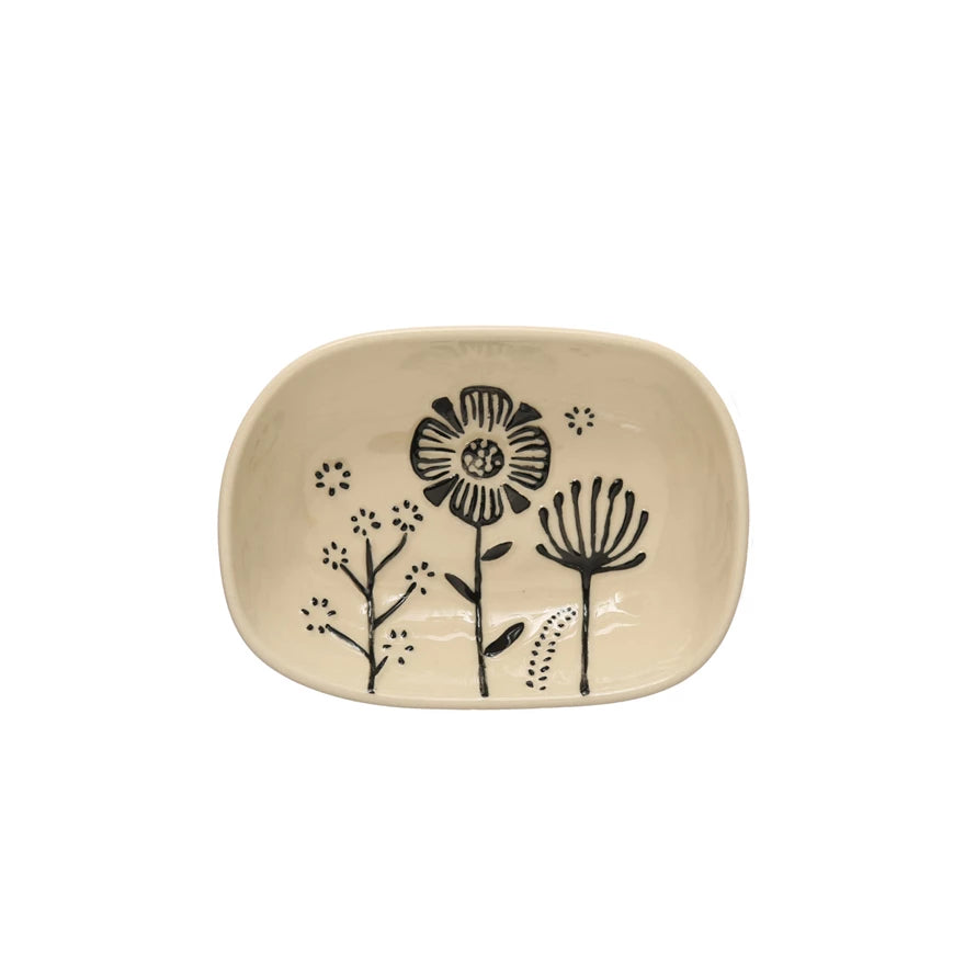 Hand-Painted Stoneware Dish w/ Embossed Flowers