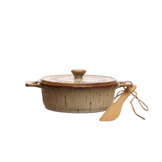 Stoneware Brie Baker w/ Bamboo Spreader, Brown & Tan