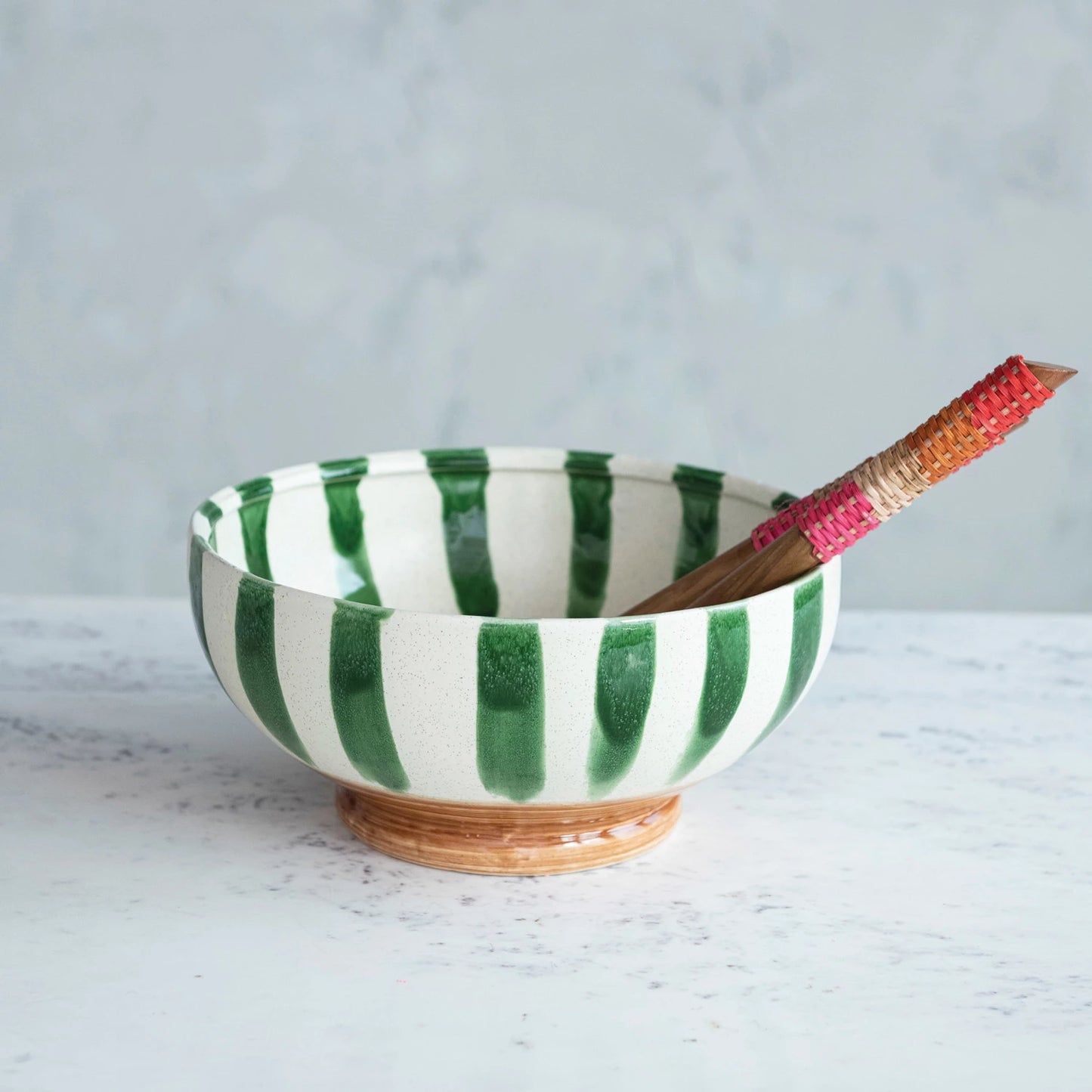 Hand-Painted Stoneware Footed Bowl w/ Stripes