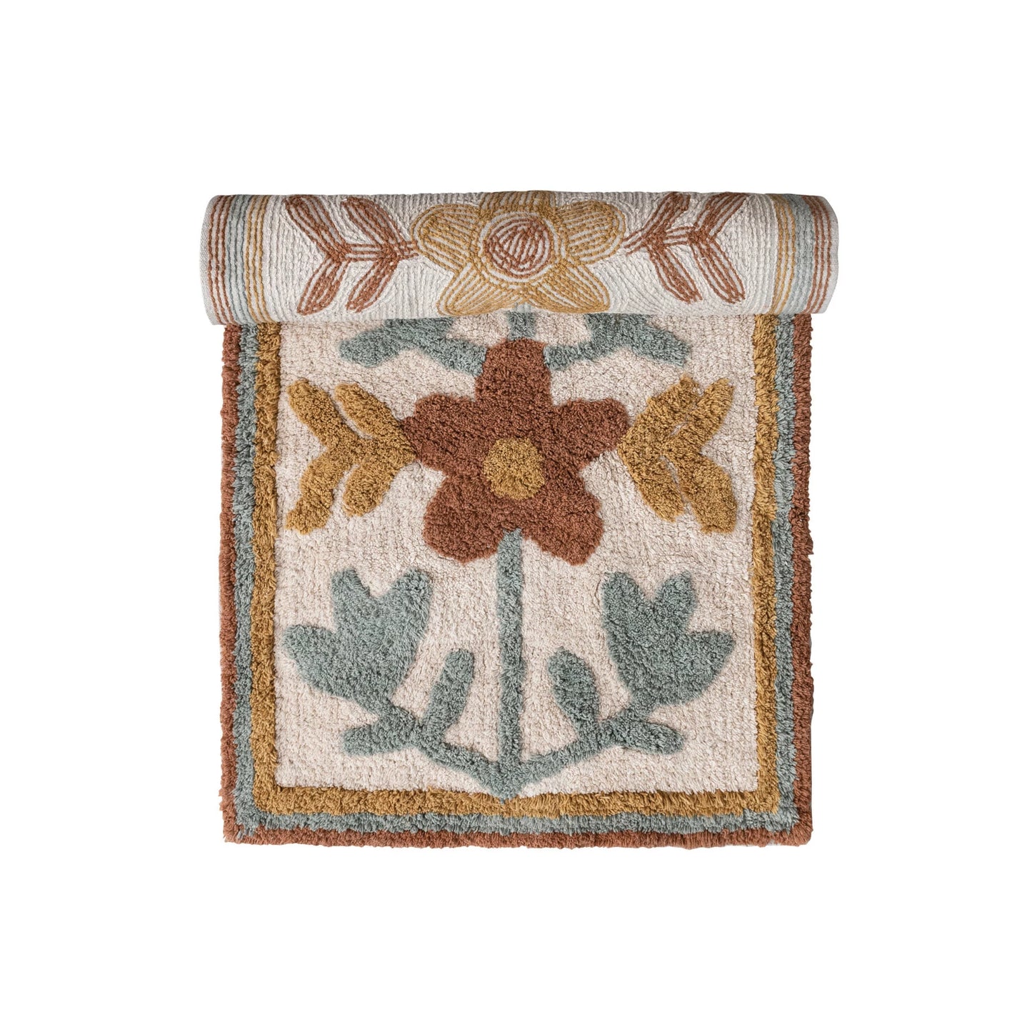 Rug-Cotton Tufted Floor Runner w/ Flowers