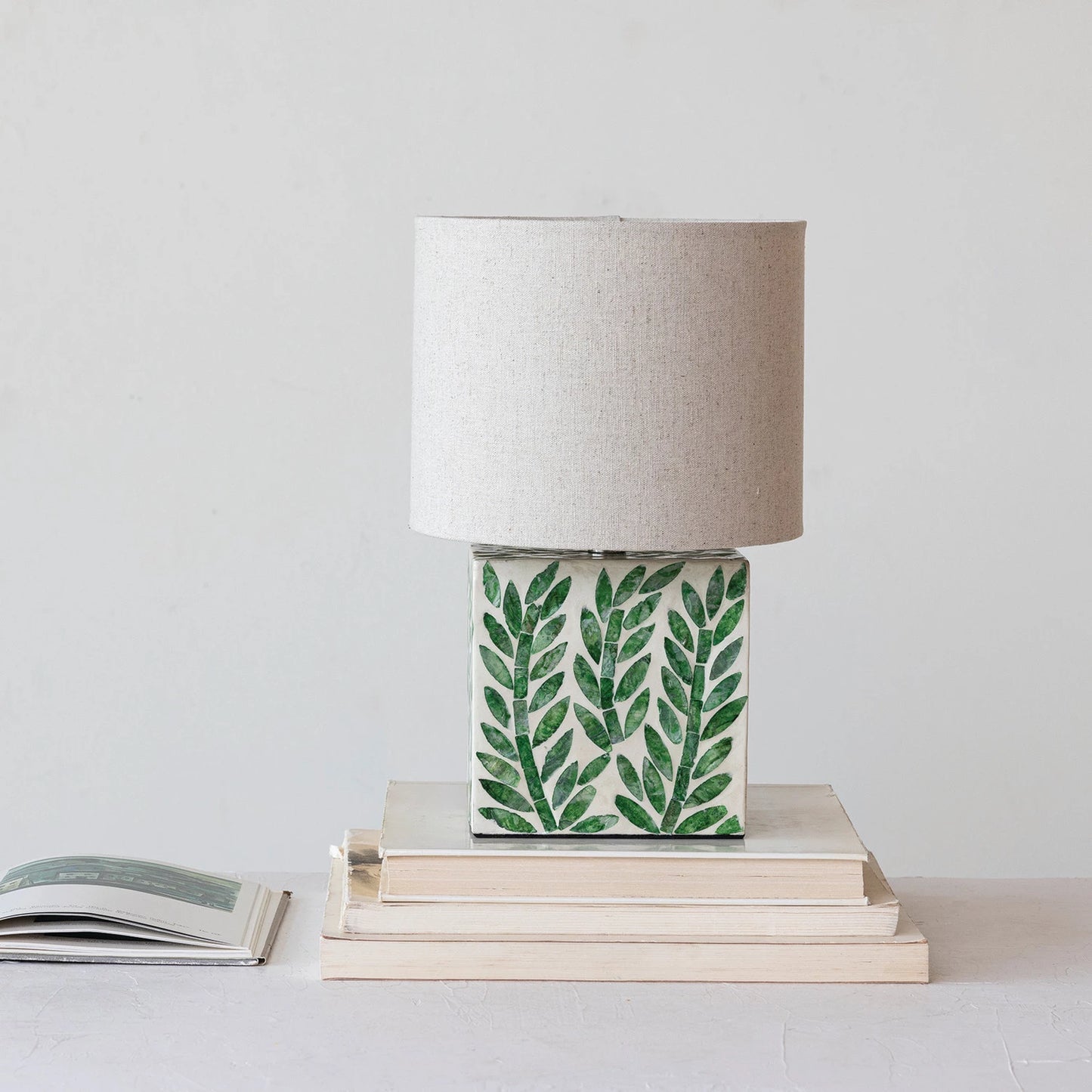 Lamp, MDF & Mother of Pearl w/ Botanical Pattern, Linen Shade