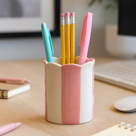 Pencil Cup, Pink/Ivory Striped Scallop