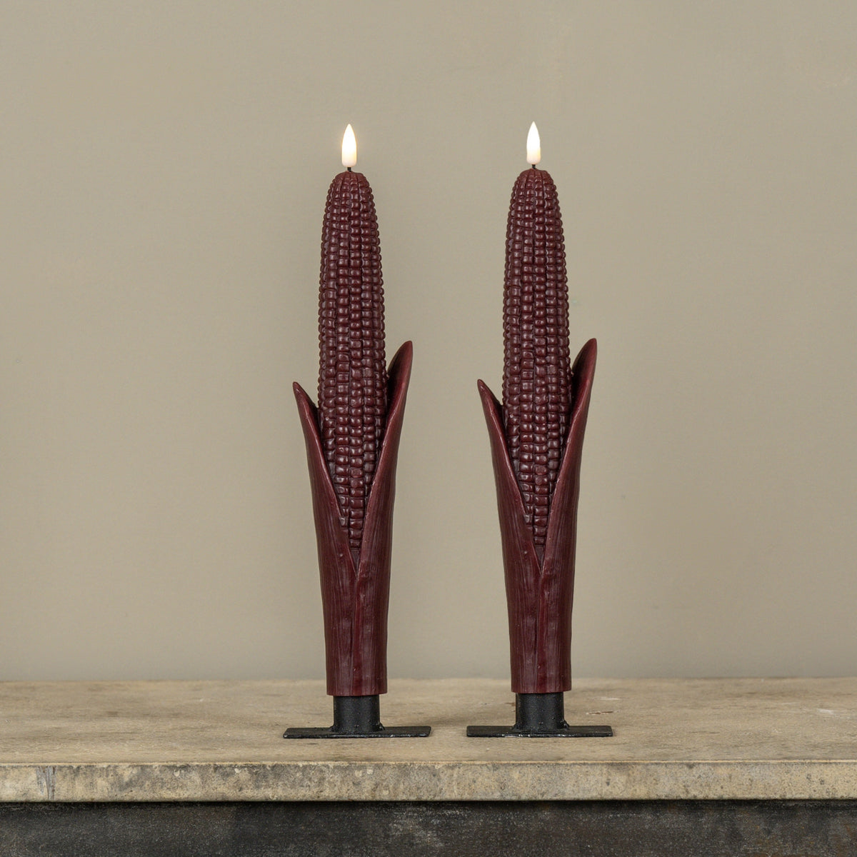 3D Flame Burgundy Corn Taper Candles, Set of 2
