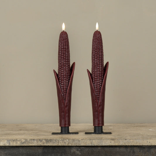 3D Flame Burgundy Corn Taper Candles, Set of 2