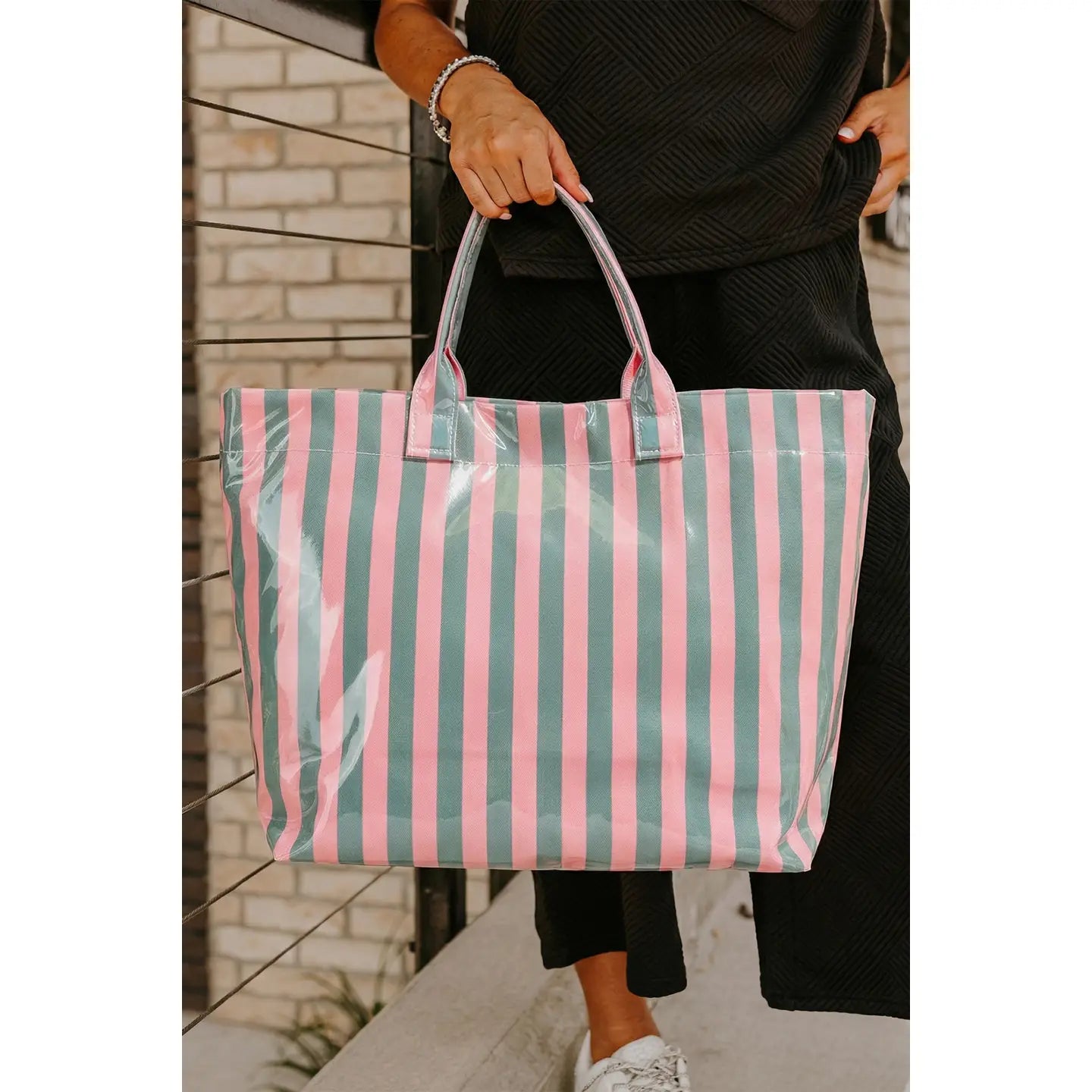 Striped Tote Bag, Green & Pink