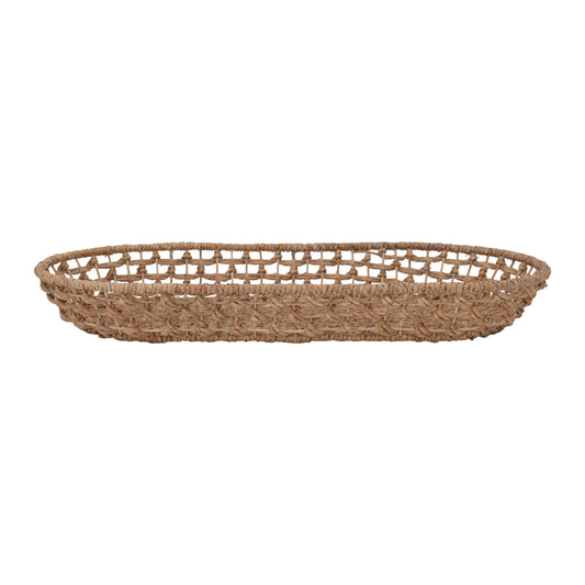 Hand-Woven Rattan Decorative Oval Seagrass and Metal Frame Basket, Natural