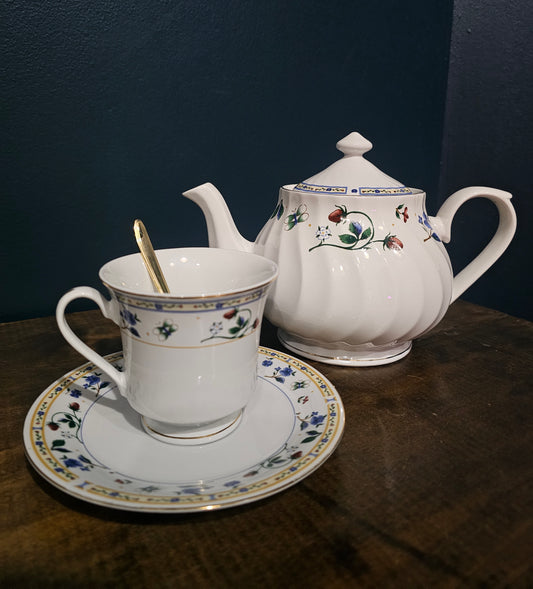 Vintage Teapot, Teacup, Saucer and Spoon with Strawberry Vine