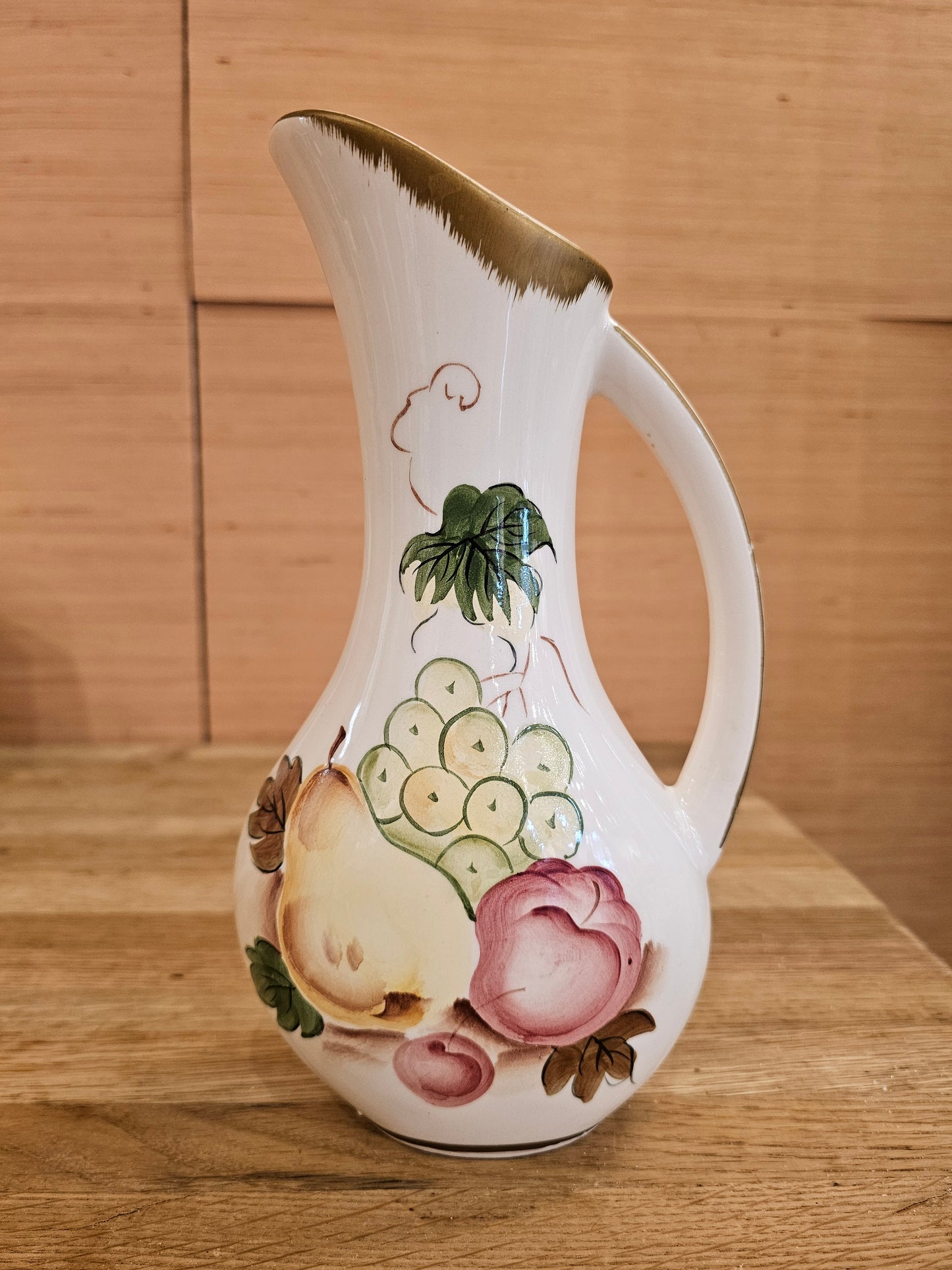 Vintage Hand Painted Pitcher, Fruits with Gold Edge