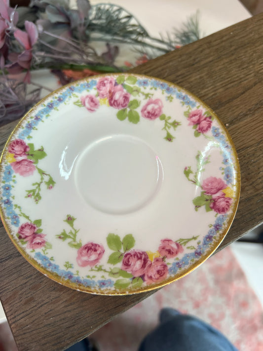 Vintage Tea Cup Saucer, Jean Pouyat Roses with Blue and Gold Rim