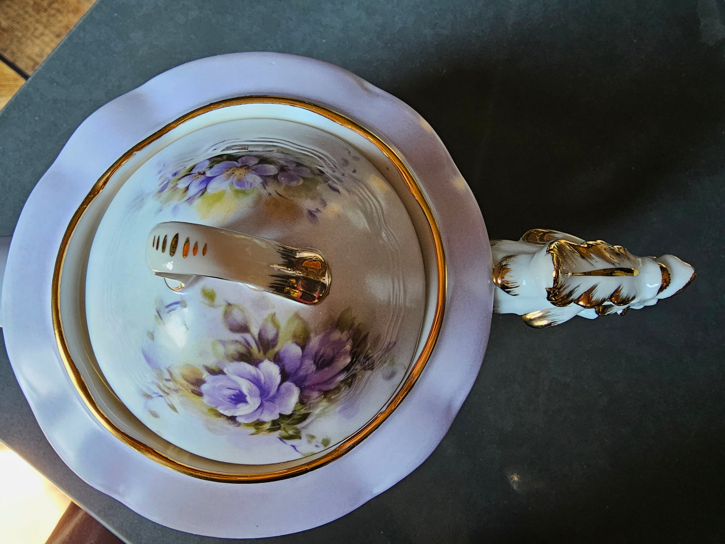 Vintage Musical Teapot, Gold Trim with Lavender Flowers, Plays Fur Elise