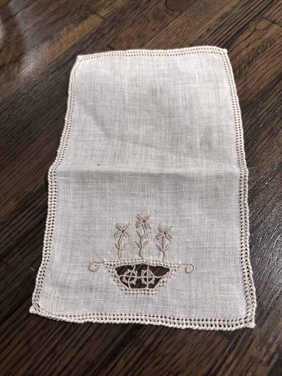 Vintage Doily, Embroidered Flower Pot