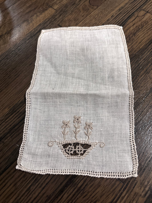 Vintage Doily, Embroidered Flower Pot