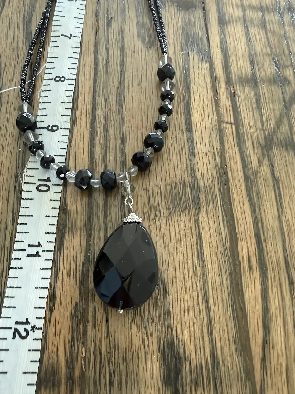Lia Sophia Black Teardrop Stone on Clear and Black Bead Adjustable Necklace, 18"-20"