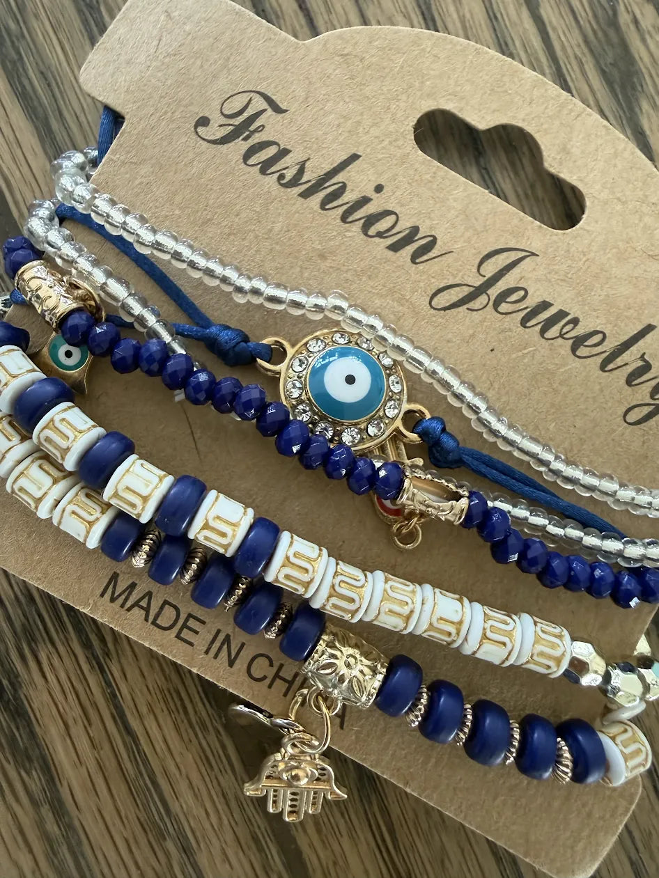 Royal Blue Hand & Evil Eye Rope, Chain, Bead Bracelet Set, Set of 6