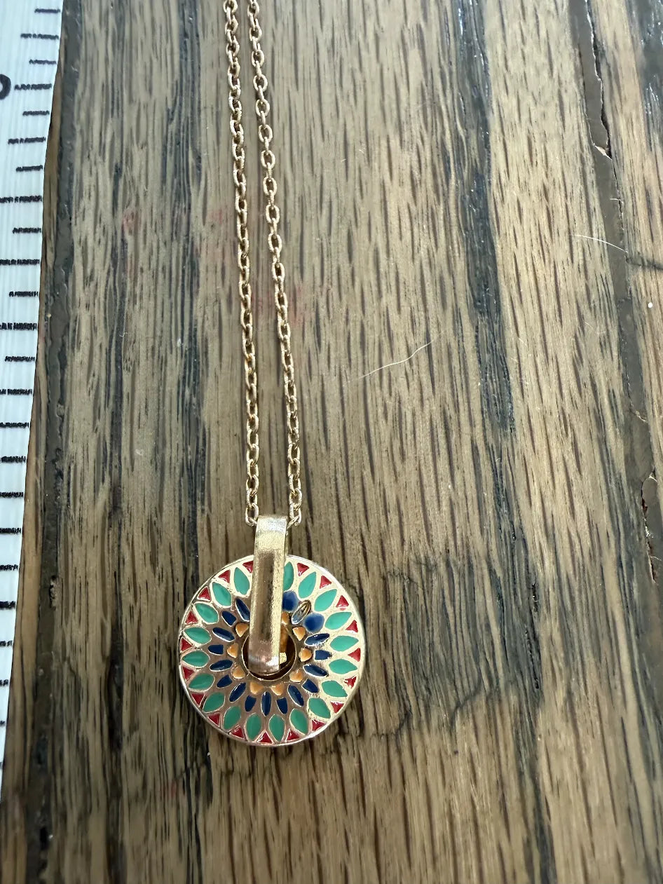 Round Teal Mandal Pendant on Gold Chain Adjustable Necklace, 18"-20"
