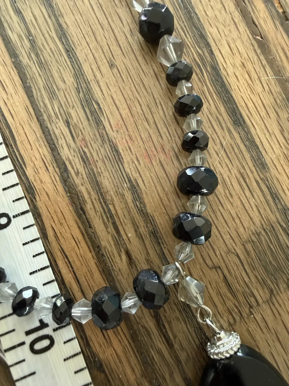 Lia Sophia Black Teardrop Stone on Clear and Black Bead Adjustable Necklace, 18"-20"