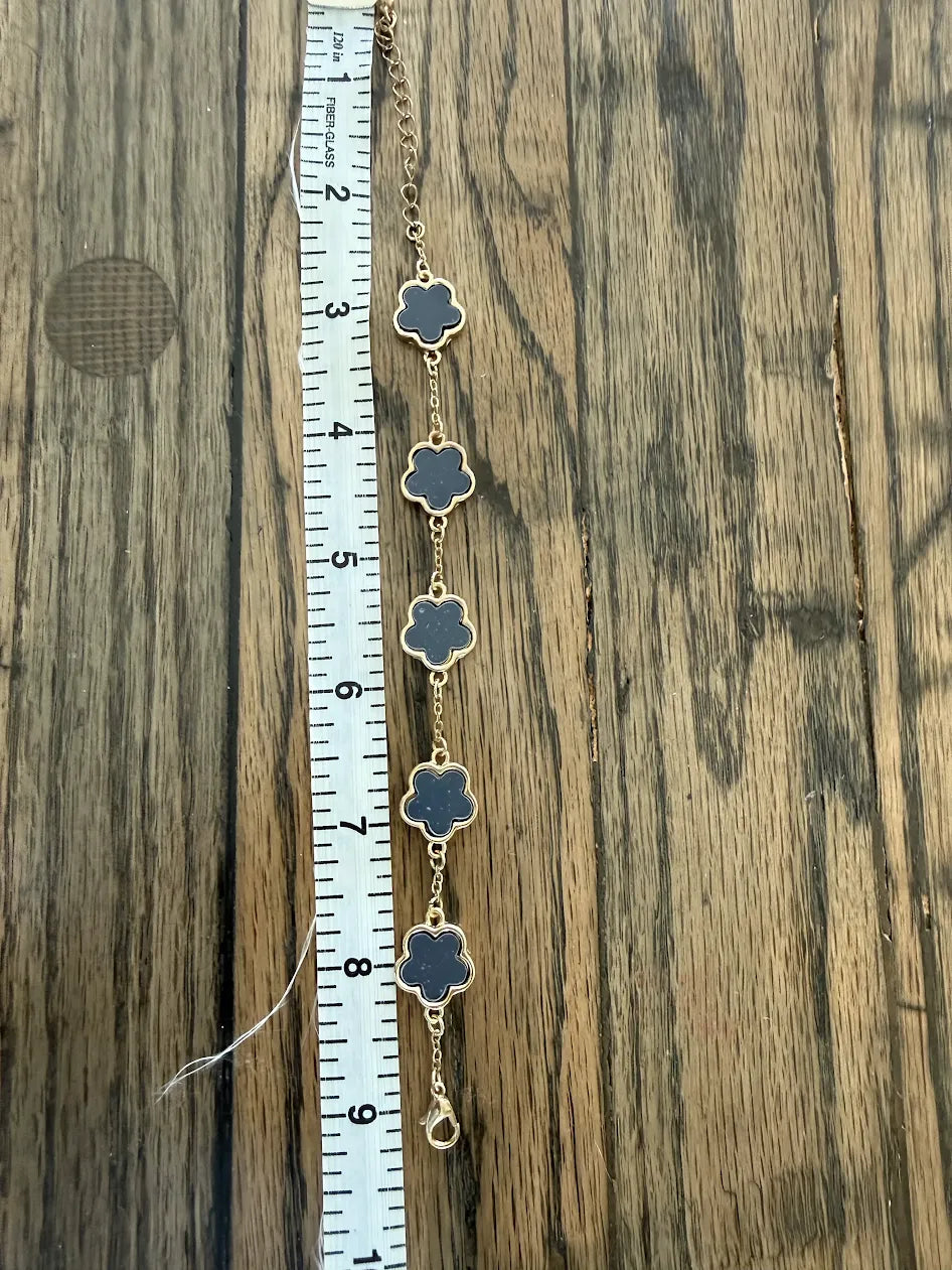 Black Flower on Gold Chain Adjustable Bracelet, 7"-9"