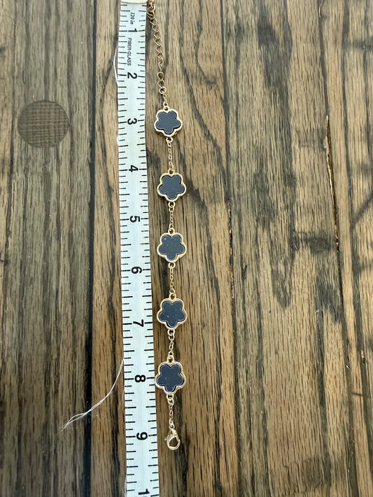 Black Flower on Gold Chain Adjustable Bracelet, 7"-9"