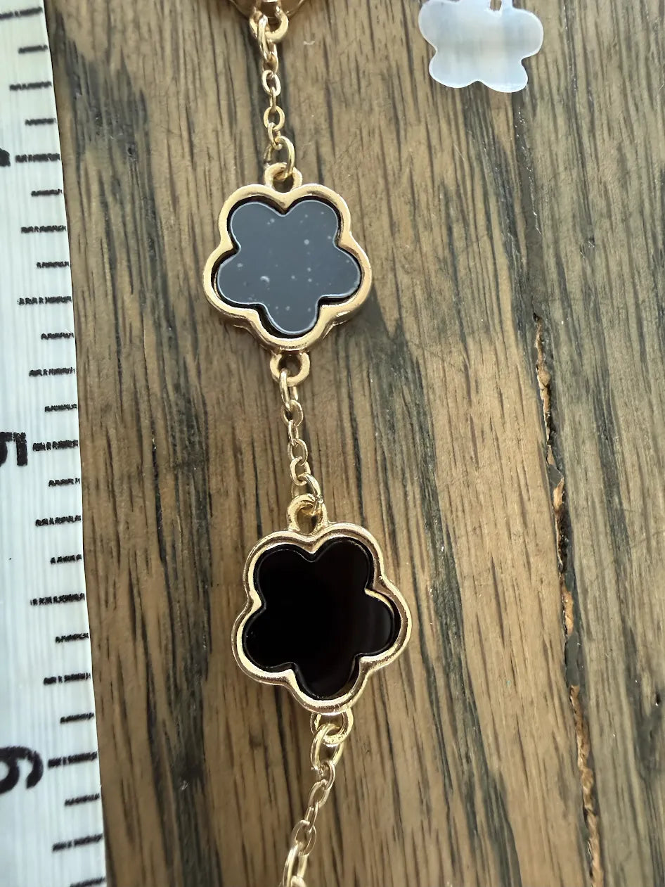 Black Flower on Gold Chain Adjustable Bracelet, 7"-9"