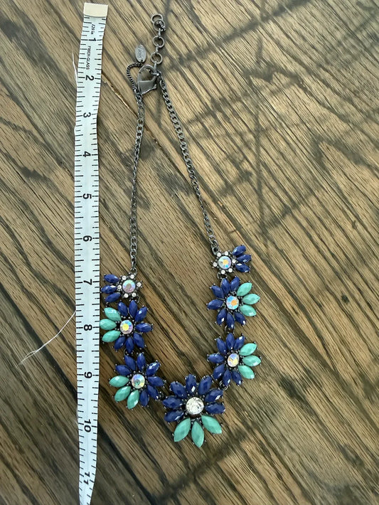 Amrita Singh Blue and Teal Enamel Flowers on Adjustable Black Curb Chain Statement Necklace, 18"