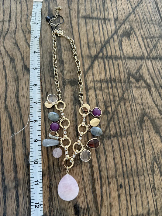 Purple and Neutral Mixed Stones and Gold Chain Statement Adjustable Necklace, 17"-20"