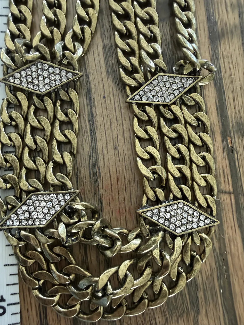 Sterling Forever Gold Tones Layered Curb Chain with Rhinestone Statement Adjustable Necklace, 15"-18"