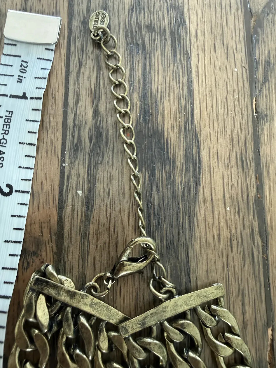 Sterling Forever Gold Tones Layered Curb Chain with Rhinestone Statement Adjustable Necklace, 15"-18"