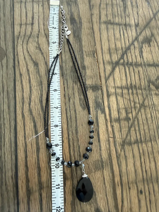 Lia Sophia Black Teardrop Stone on Clear and Black Bead Adjustable Necklace, 18"-20"