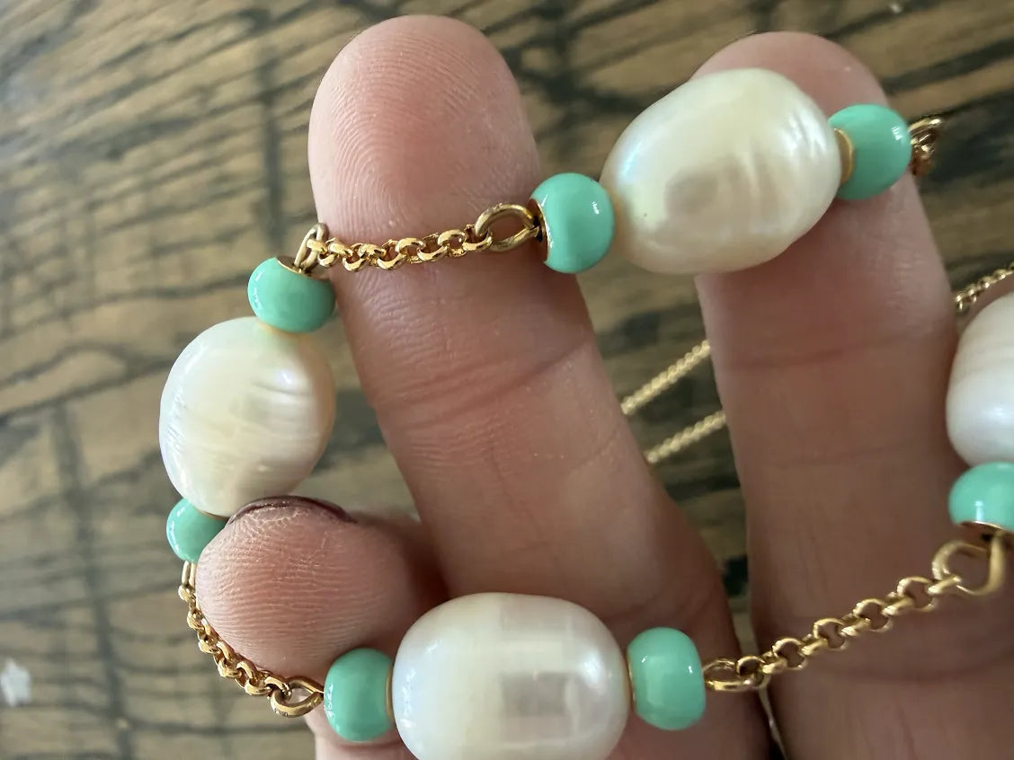 Kate Spade Gold Toned Pearl & Turquoise Adjustable Necklace 16"-19"