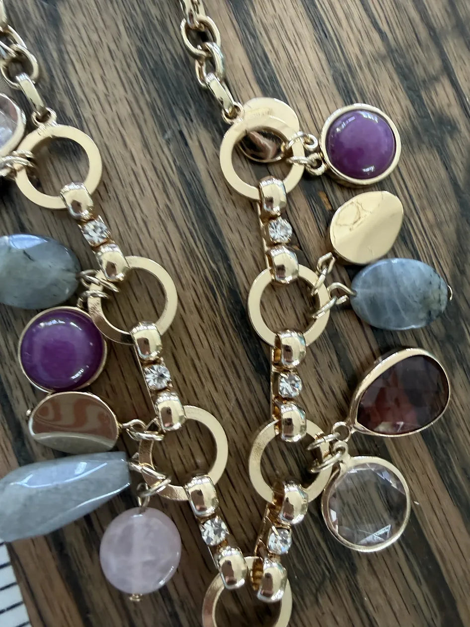 Purple and Neutral Mixed Stones and Gold Chain Statement Adjustable Necklace, 17"-20"