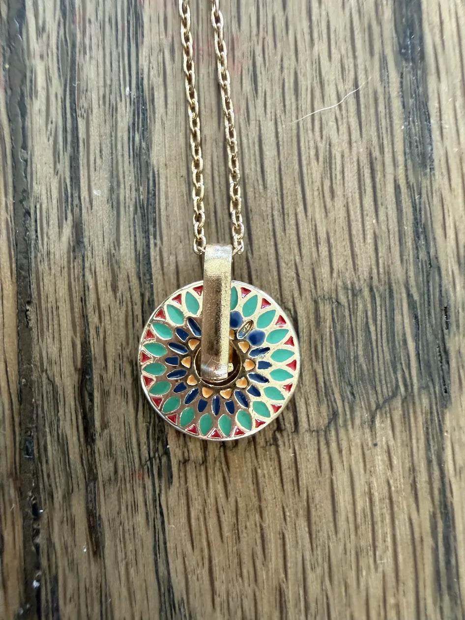 Round Teal Mandal Pendant on Gold Chain Adjustable Necklace, 18"-20"
