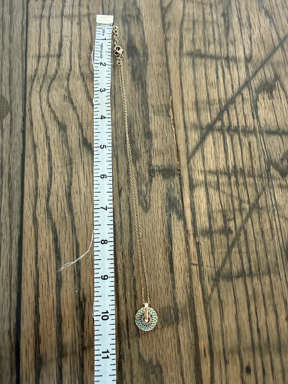 Round Teal Mandal Pendant on Gold Chain Adjustable Necklace, 18"-20"