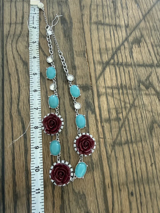 Lia Sophia Roses and Teal Stone Statement Adjustable Necklace, 18"-20"
