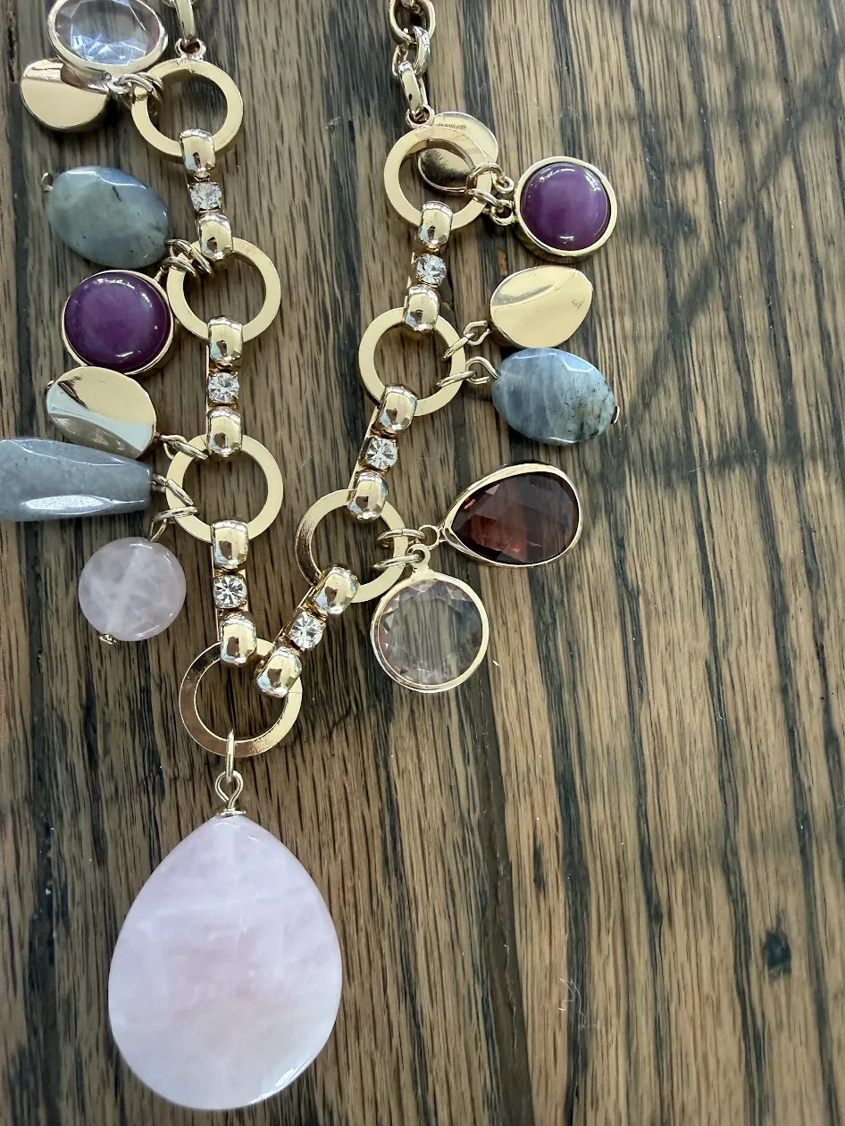 Purple and Neutral Mixed Stones and Gold Chain Statement Adjustable Necklace, 17"-20"