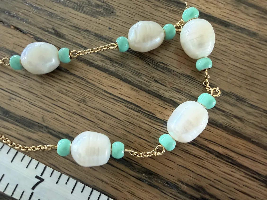 Kate Spade Gold Toned Pearl & Turquoise Adjustable Necklace 16"-19"