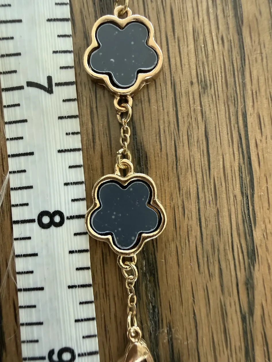 Black Flower on Gold Chain Adjustable Bracelet, 7"-9"