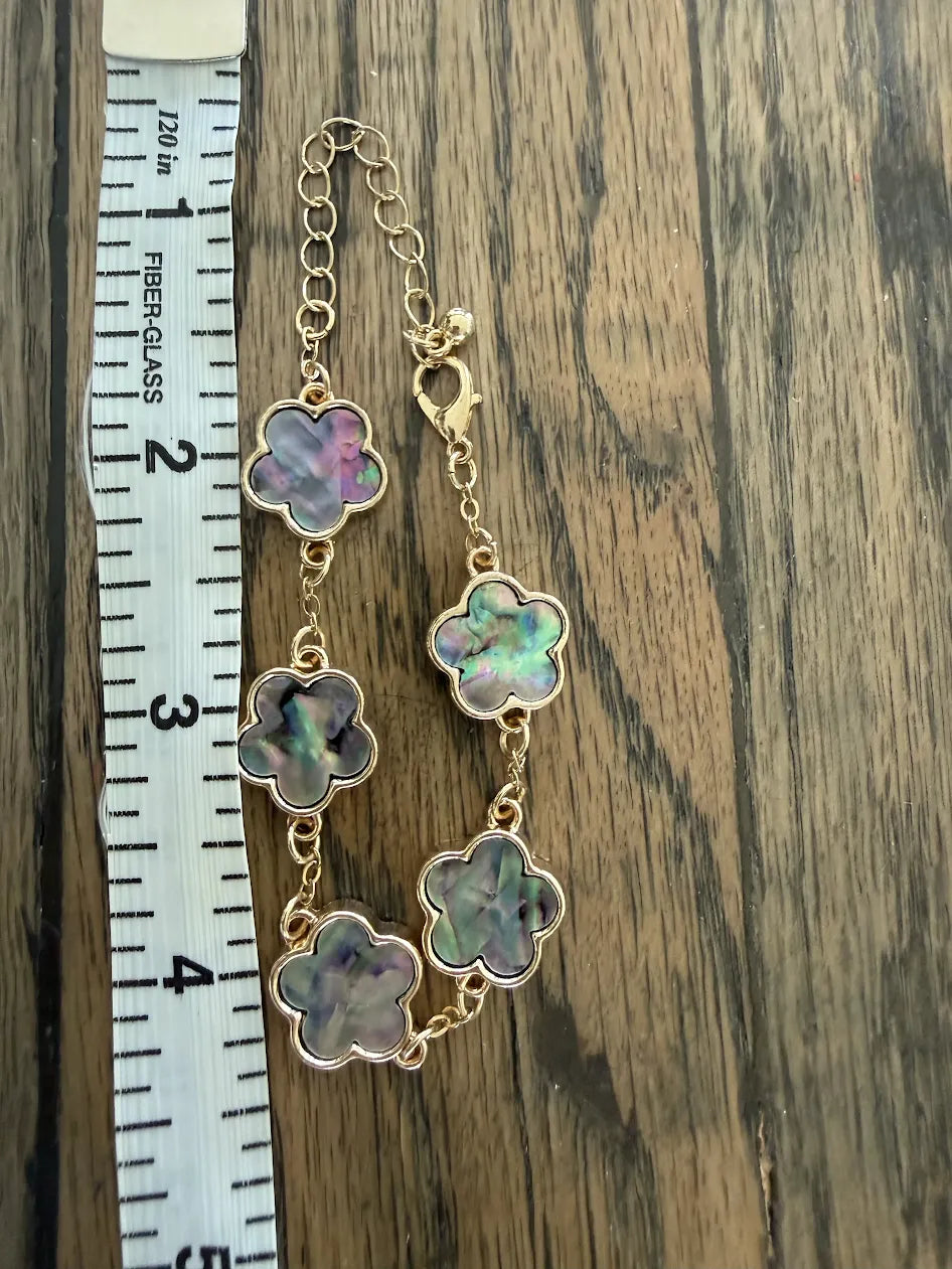 Iridescent Flower on Gold Chain Adjustable Bracelet, 7"-9"