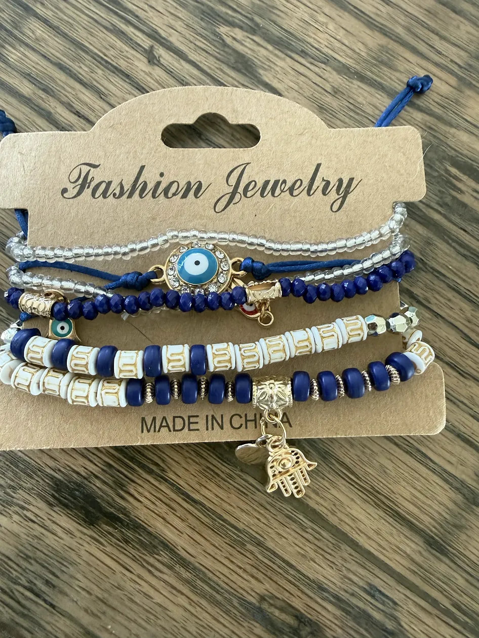 Royal Blue Hand & Evil Eye Rope, Chain, Bead Bracelet Set, Set of 6