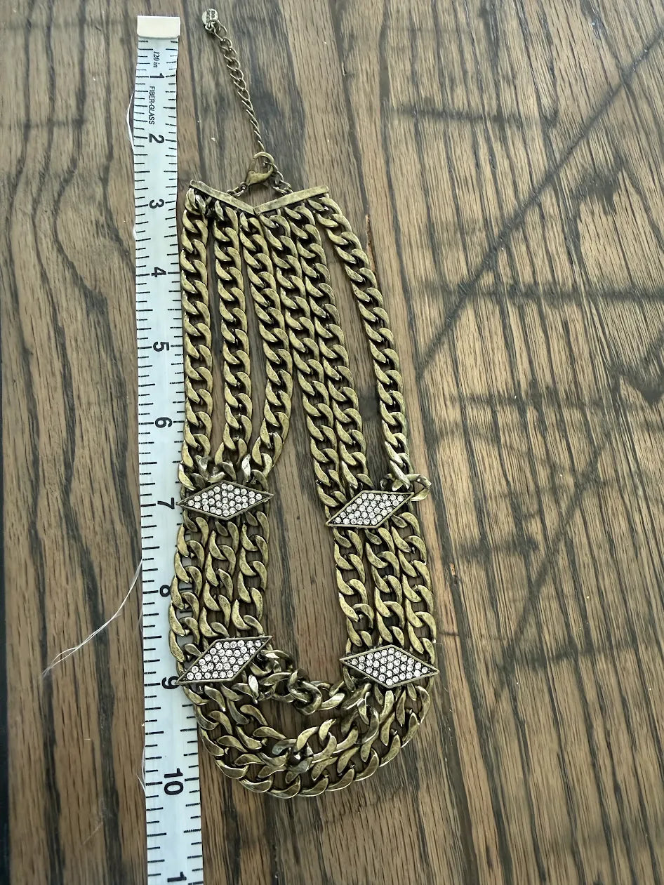 Sterling Forever Gold Tones Layered Curb Chain with Rhinestone Statement Adjustable Necklace, 15"-18"