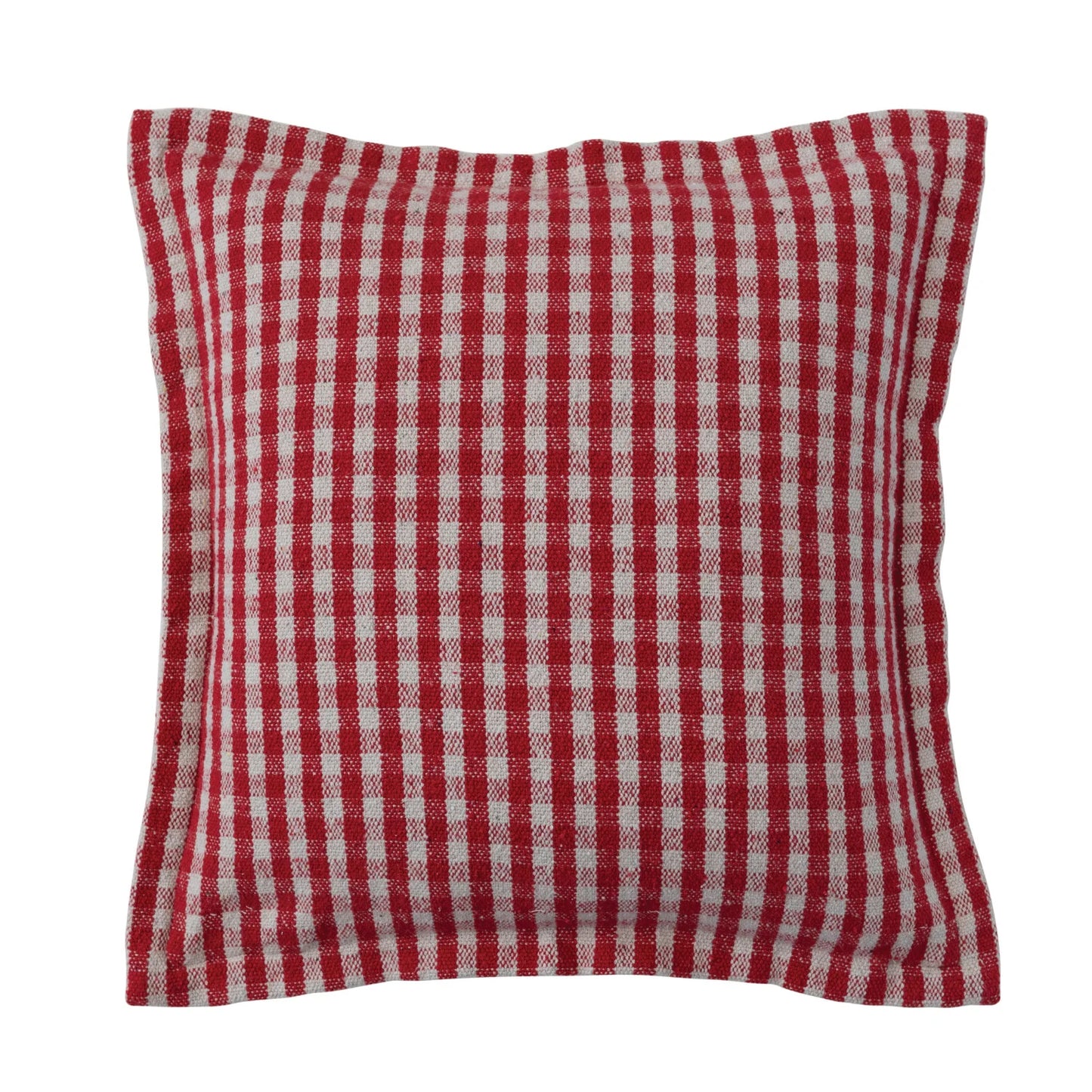 Square Woven Recycled Cotton Pillow w/ Flanged Edge, Red & White Gingham