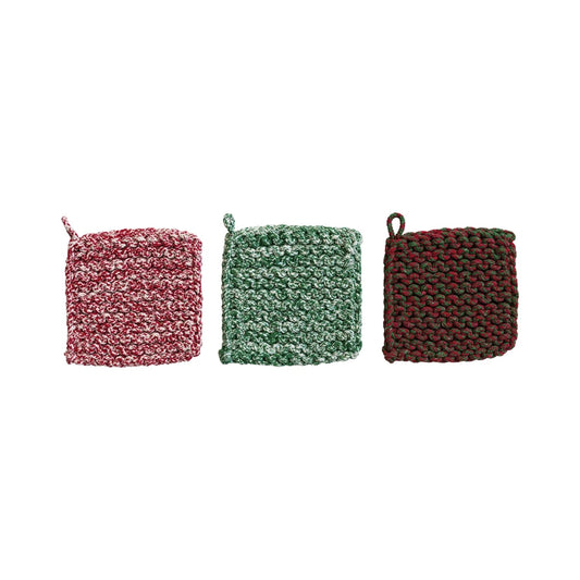 Cotton Crocheted Pot Holder, Reds and Greens